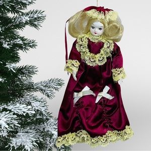 Vintage Victorian Collectible Doll w/ Red Dress Christmas Tree Ornament